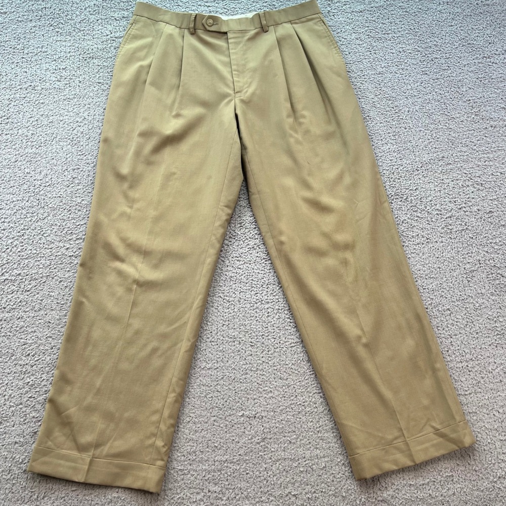 Lauren Ralph Lauren Mens Tan 100% Wool Pleated Cuffed Dress Pants 34W 30L